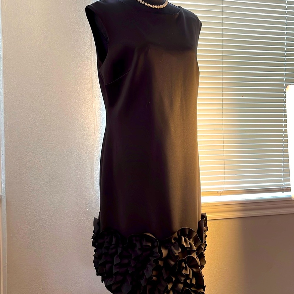 Black Dress with ruffles around the bottom .  Sleeveless